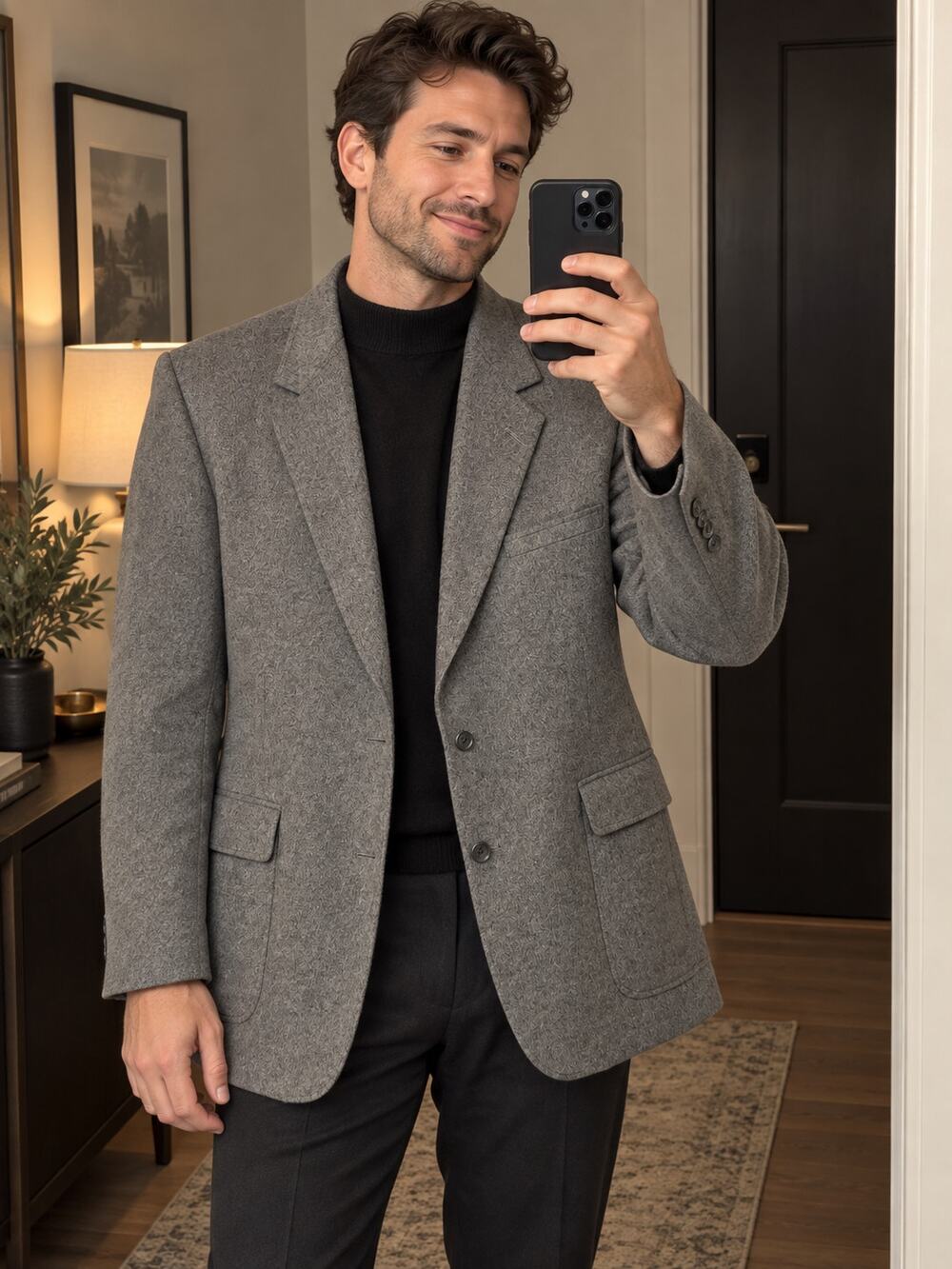 Henry James Ltd Vintage Mens Camel Hair Blend Charcoal Herringbone Blazer